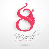 Happy Women's Day greeting card or background with illustration of lady face and text 8 March on red background. vector