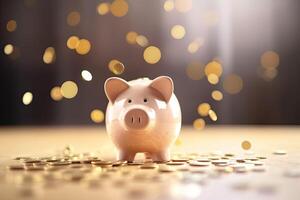 Piggy bank with falling coins on blurred background. photo