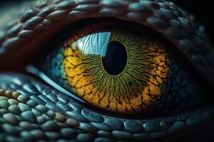 Close up of colourful lizard eye. A macro of a reptile multi colored eye. photo