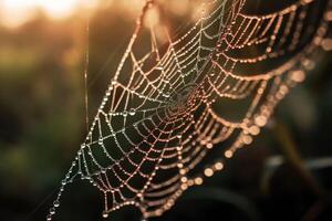 Spiderweb rain close up background. Partial blur view lines spider web necklace. photo