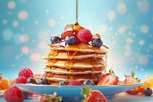 Stack of pancakes with fresh blueberries, strawberries and maple syrup on a bright background. photo