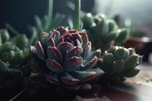 Green succulent plant with water drops. A striking macro shot. photo