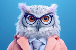 Portrait of intelligent owl wearing a pair of glasses and a tie. Bright colors. photo