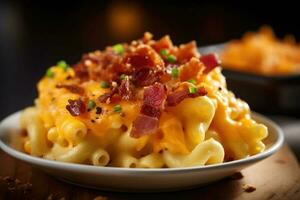 Appetizing mac and cheese in bowl with bacon on top baked in oven. Generative AI photo
