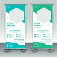 Modern healthcare and medical roll up design for hospital doctor clinic dental. standing banner template decoration for exhibition, printing, presentation, elegant layout. vector