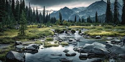 . . Photo illustration of wild nature outdoor mountain waterfall landscape on rain green day. Graphic Art