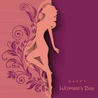 Happy Womens Day greeting card or poster design with purple silhouette of girl in dancing pose on floral decorated grey background. vector