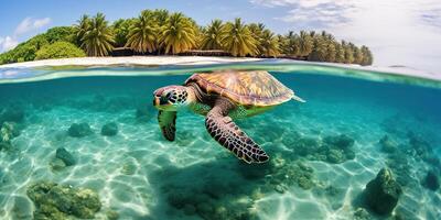 . . Photo realistic illustration of diving turtle under sea. Graphic Art