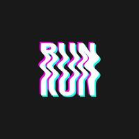 Vector illustration with 3d glitch effect, lettering RUN. Groovy wavy lettering in trendy psychedelic y2k, 90s, 00s rave style, nostalgia, crazy print.