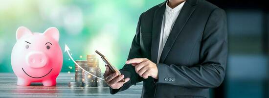 Businesspeople may use the Internet to connect financial networks and do information searches on their mobile devices utilizing artificial intelligence. photo