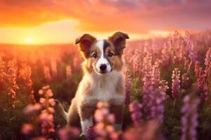 Cute puppy in a flower field summer at sunset. photo