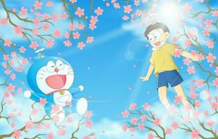 A Boy and Robot Cat Flying with His Gadget in The Sky Background vector