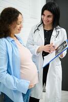 Pregnant woman visit gynecologist obstetrician doctor at maternity hospital or medical clinic for pregnancy consultation photo