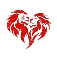 Red lover lion pattern rubber stamp in heart shape. Grunge silhouette of the king and queen of lions. Design for a emblem, badge, logo or icon. Vector illustration.