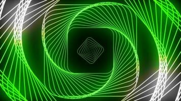 Animated green and white gradient square structure in spiral rotation video