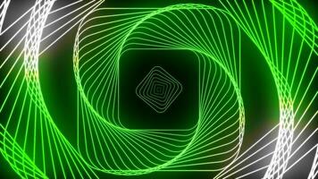 Animated green and white gradient square structure in spiral rotation video