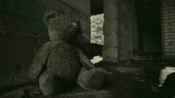 Dirty Ugly Teddy Bear Toy Inside House Ruins. Child Abuse Concept video