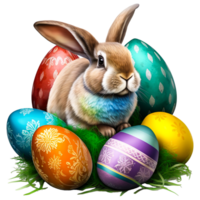 Watercolor Art Of Rabbit And Easter Eggs On Grass In Meadow Free png