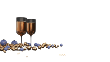 3d Renderização do vinho óculos com bolas, dourado ondulação fitas png