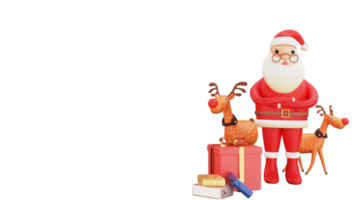 3D Rendering Of Cute Santa Claus Holding Gift Box With Candy Cane, Reindeer, Decorative Xmas Tree png