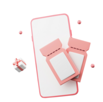 3d geven van smartphone met geschenk kaarten, geschenk dozen, ballen, confetti png