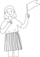 A cheering girl with a flag, black and white cartoon. png