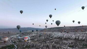 tientallen van ballonnen Aan de horizon van ochtend- Cappadocië, kalkoen antenne video