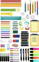 a large set of stationery, office and school supplies, materials for scrapbooking, artbooks and diaries, adhesive tape, rulers, markers, highlighters, pencils, pens, erasers, crayons and much more vector