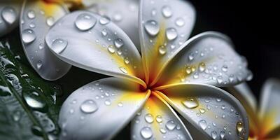 . . Plumeria frangipani flower close macro shot. Beautiful blossom spa relax vibe. Graphic Art photo