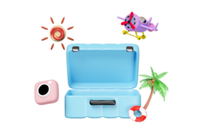 3d blue open suitcase empty with airplane, sun, plane, palm tree, camera isolated. png