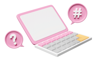 3d laptop computer met seo, vraag markering, label zoeken pictogrammen geïsoleerd. online sociaal, communicatie toepassingen concept png