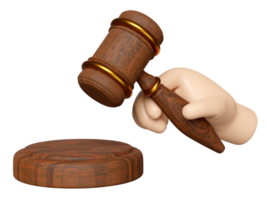 3d wooden judge gavel, hand holding hammer auction with stand isolated. law, justice system symbol concept, 3d render illustration png