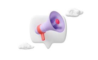 3d purple megaphone or cartoon hand speaker on speech bubble with cloud isolated. announce promotion news for social media networks, online marketing png