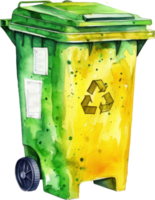 Yellow Blue Recycle Bin Watercolor Illustration. png