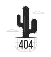 Potted cactus plant in clouds black white error 404 flash message. Wild west. Houseplant. Monochrome empty state ui design. Page not found popup cartoon image. Vector flat outline illustration concept