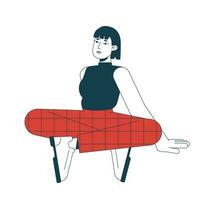 Chilling relaxing young woman wearing plaid trousers flat line color vector character. Editable outline full body person on white. Sitting girl simple cartoon spot illustration for web graphic design