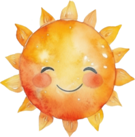 mignonne Soleil dessin animé aquarelle illustration. ai généré png