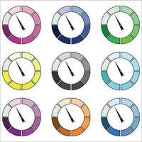 Indicator round color set. Index pointer arrow, measure and performance indicators. Vector illustration