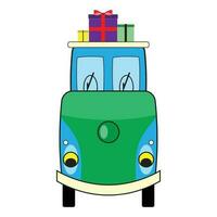 Cartoon cart with gifts box. Christmas car transportation, vector illustration