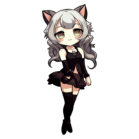 Cute Cat Girl in Black Dress with White Hair png