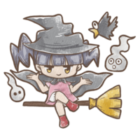 Little witch girl sitting on a floating broom There is a spirit fireball and a crow. Illustration about Halloween kid theme. png