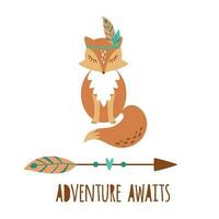 Cute boho fox kids illustration. Tribal animal fox sign tattoo. Adventure awaits. Boho arrow. Travel poster clip art hand drawn. Funny wild fox cozy red standing fox Vector cute animal Forest element.