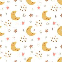 Baby moon night sky vector pattern for kids. Cute crescent stars, clouds seamless background. Baby sweet dream print in pastel colors, repeat wallpaper. Childish textile design. Nursery fabric.