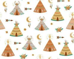 Kids teepee pattern. Adventure baby wigwam pattern. Cute boho background with tent, arrows, teepee wig wam, moon. Seamless cute indian background for kids. Vector illustration. Neutral tribal print.