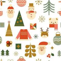 Geometric Christmas seamless pattern. Winter holiday geometry icons - Santa, bear, candy stick, Christmas ball, tree, snowflake. Red, green and gold geometric repeat background. Vector illustration