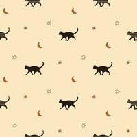 Boho celestial cat seamless pattern. Small stars, moon on the beige repeat background. Cute hand drawn kitty design. Esoteric sky vector illustration. Sky starry wallpaper, textile, print.