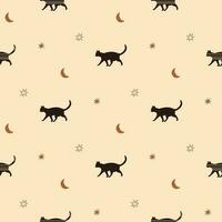 boho celestial gato sin costura modelo. pequeño estrellas, Luna en el beige repetir antecedentes. linda mano dibujado gatito diseño. esotérico cielo vector ilustración. cielo estrellado fondo de pantalla, textil, impresión.