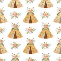 sin costura indio verano floral flechas y tipi ilustración. niños azteca antecedentes. mano dibujado boho elegante modelo en vector. bebé boho tela diseño. linda textil, tribal impresión flechas con flores, vector