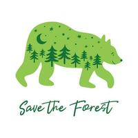 Save the forest concept with green bear, fir trees inside bear silhouette, moon, stars. Save the planet design logo, icon, symbol. Hand drawn green forest wild animal. Vector illustration.