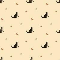 Celestial cat seamless pattern. Boho tiny stars, moon on the beige repeat background. Simple hand drawn kitty design. Esoteric sky vector illustration. Sky starry wallpaper, textile, print.